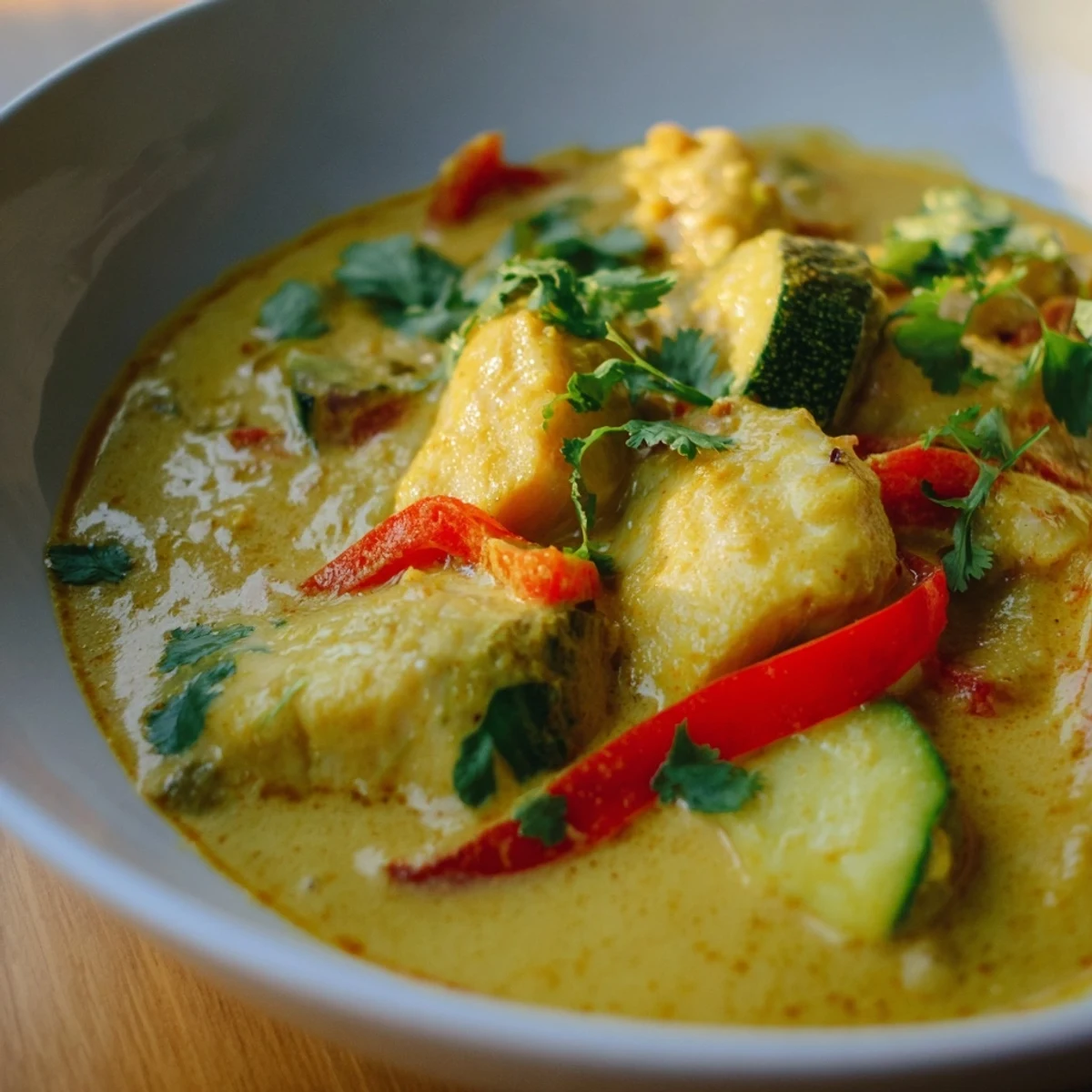 Creamy coconut white fish stew in golden broth with tender vegetables and fresh cilantro garnish