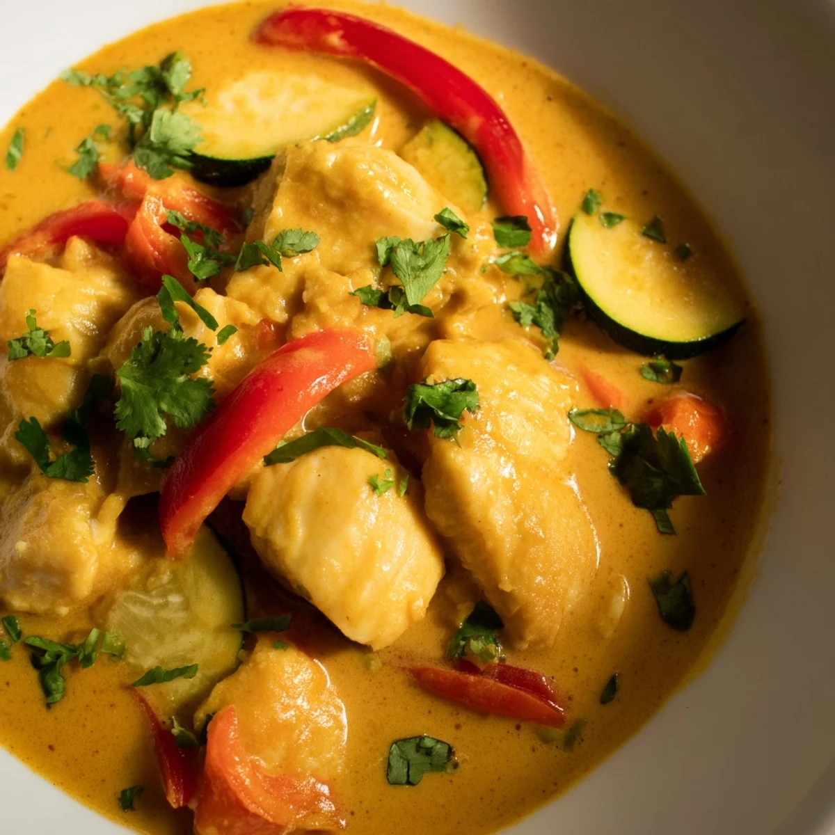 White fish simmered in aromatic coconut stew with colorful bell peppers and lime wedges