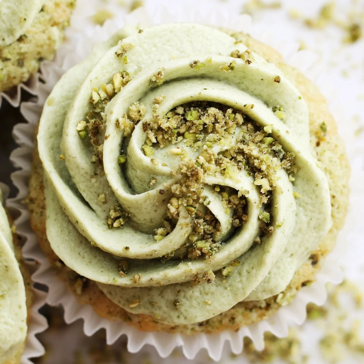 Green pistachio cupcakes with fluffy buttercream frosting piped high on moist cake
