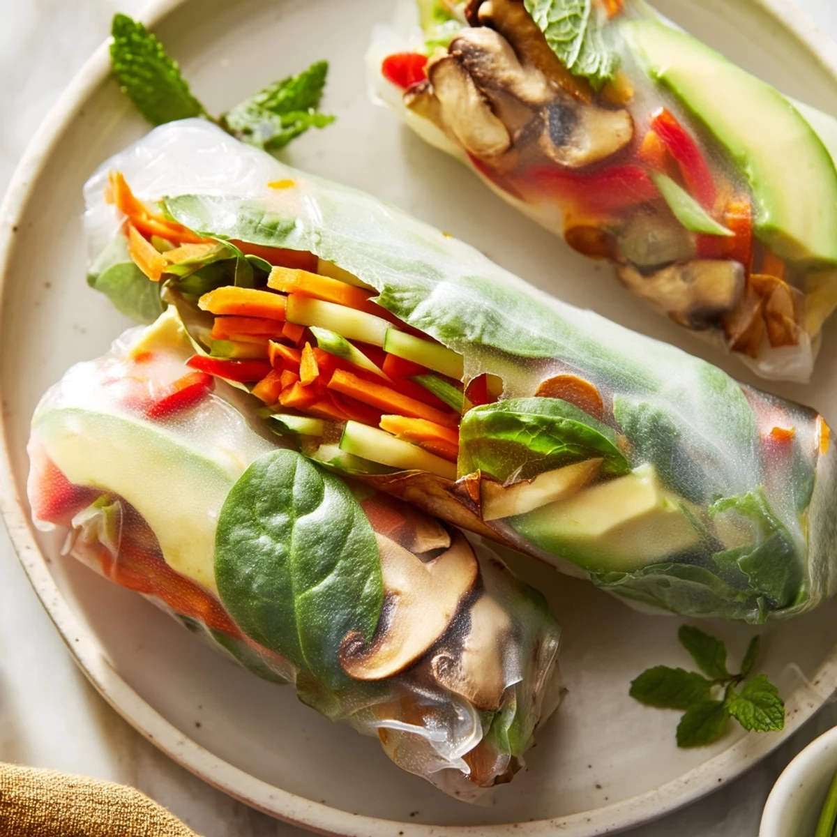 Creamy avocado shiitake spring rolls with colorful vegetables served with tangy dipping sauce