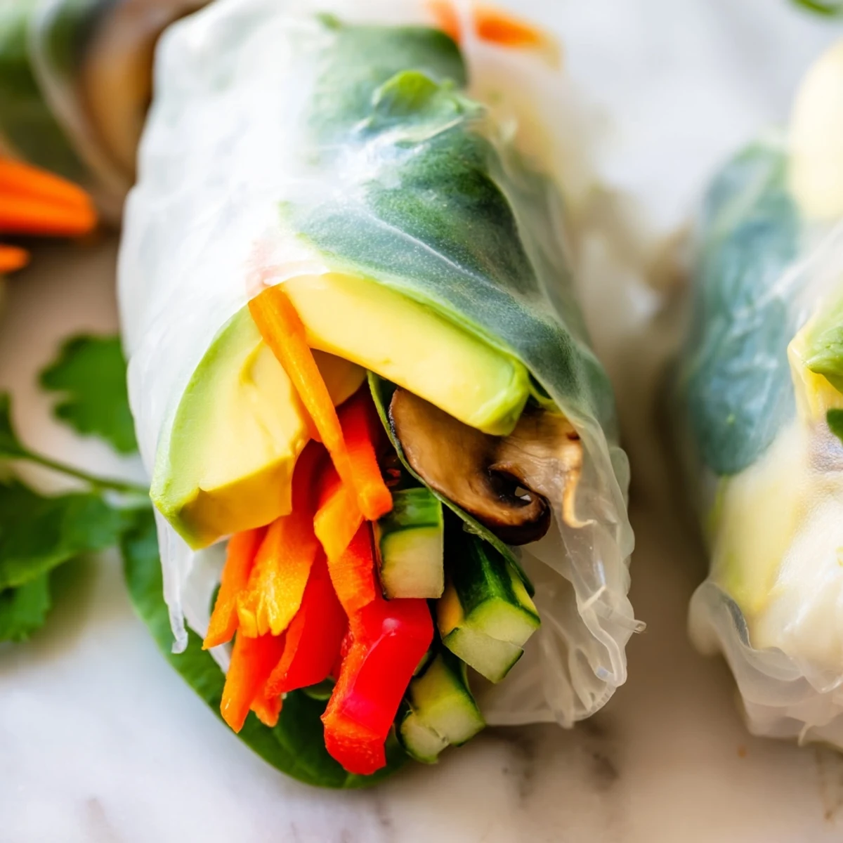 Fresh avocado shiitake spring rolls wrapped in translucent rice paper with crisp julienned vegetables