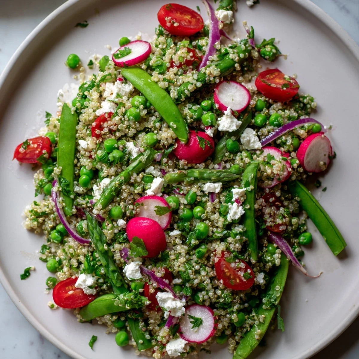 Spring vegetable quinoa salad in a white bowl with bright radishes and fresh herbs