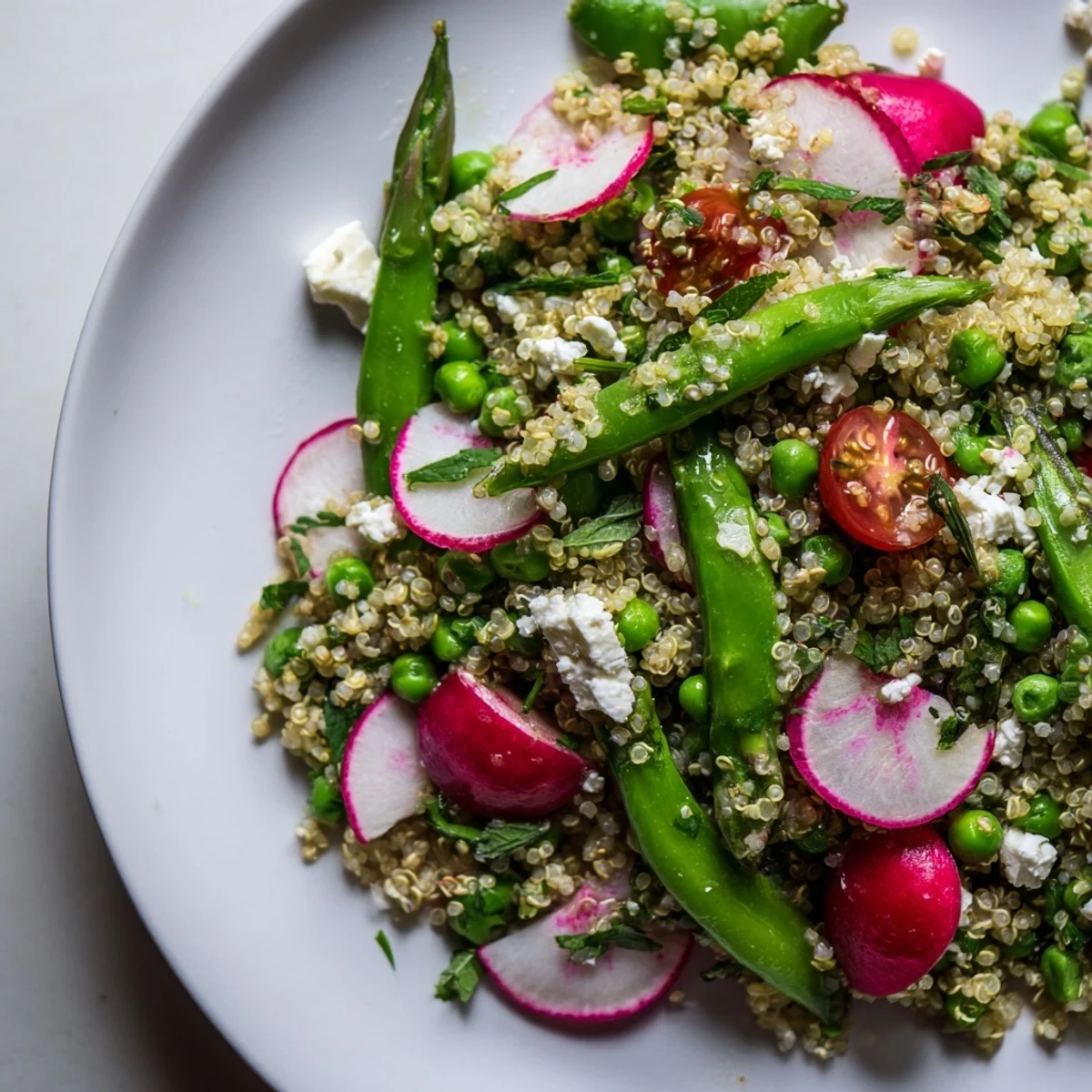 Fluffy spring vegetable quinoa salad topped with crumbled feta and zesty lemon dressing