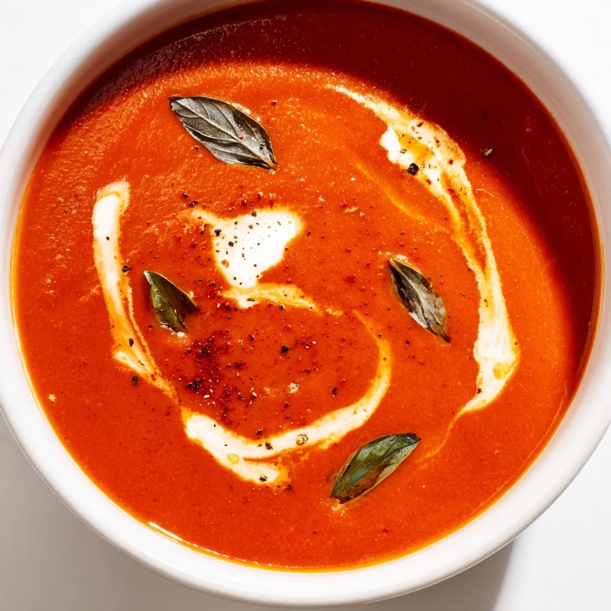 Creamy fire roasted tomato soup topped with fresh basil and crusty bread