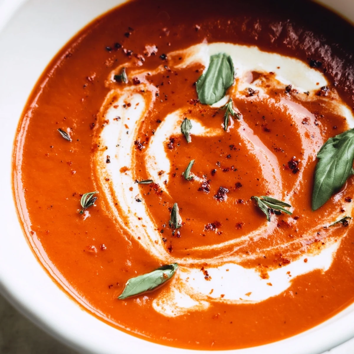Velvety fire roasted tomato soup in a rustic bowl with grilled cheese nearby