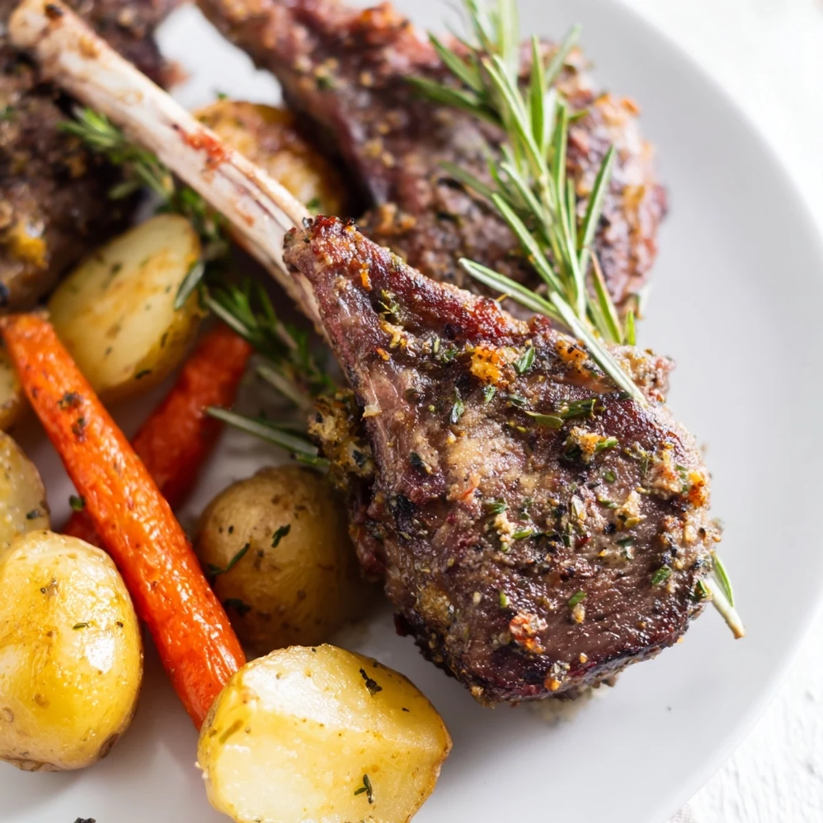 Herb-crusted lamb chops and roasted vegetables arranged on a gleaming Easter dinner sheet pan