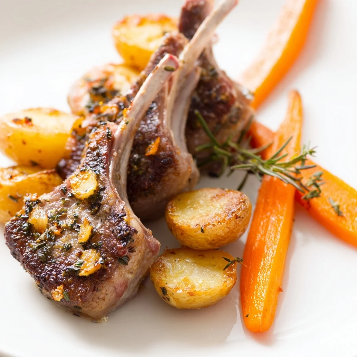 Golden roasted vegetables and juicy lamb chops on a crowded Easter dinner sheet pan