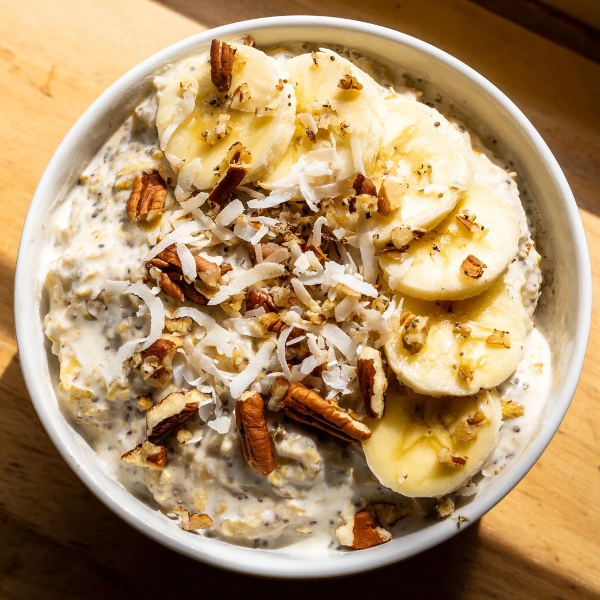 Creamy Coconut Cream Pie Overnight Oats topped with crunchy pecans and fresh banana slices
