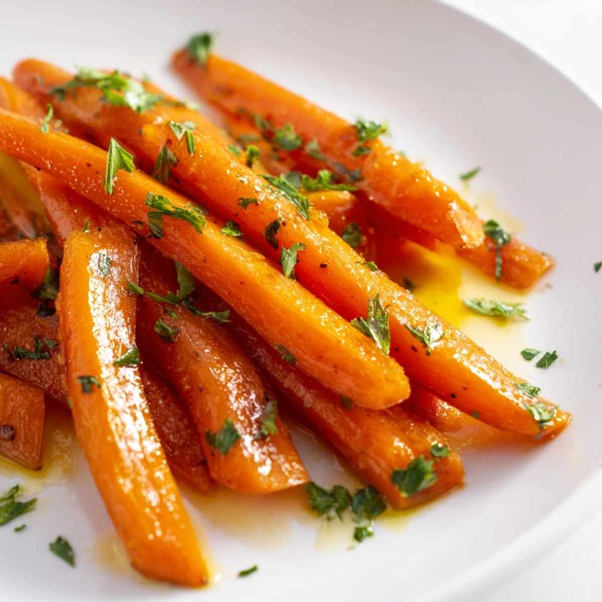 Glistening honey roasted carrots with caramelized edges on a rustic baking sheet