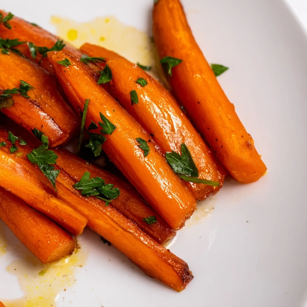 Golden honey roasted carrots garnished with fresh thyme on a white plate