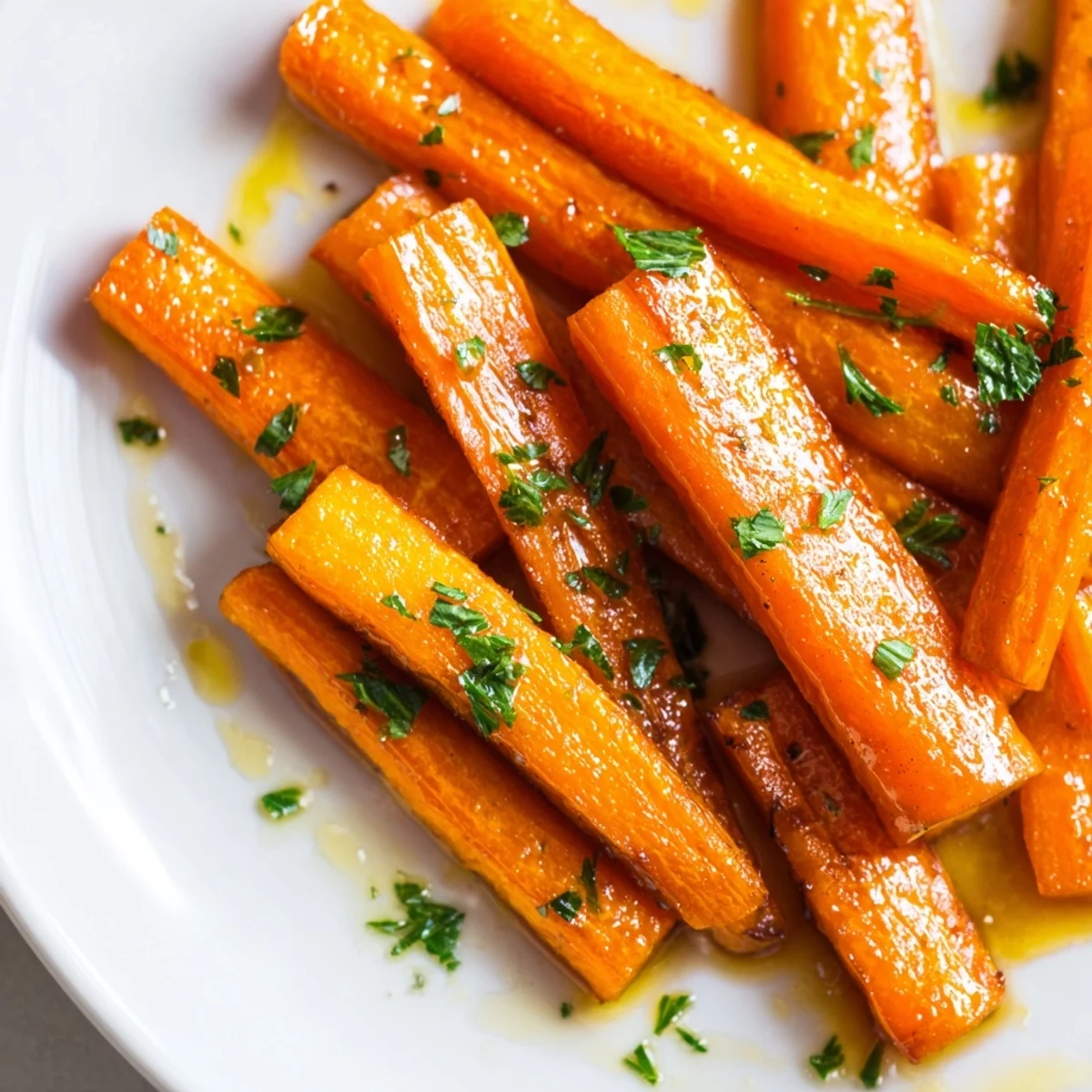 Tender honey roasted carrots with a sticky glaze served in a ceramic dish