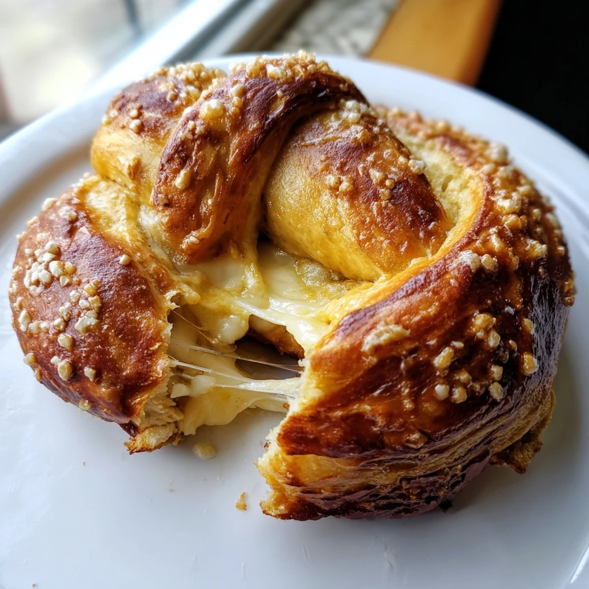 Golden mozzarella stuffed soft pretzels fresh from the oven with melted cheese oozing out