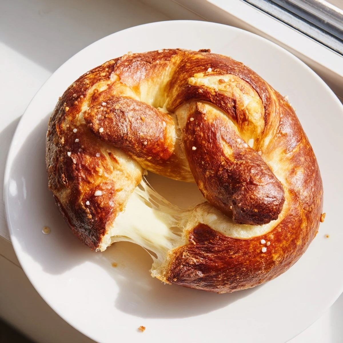 Warm mozzarella stuffed soft pretzels brushed with butter and sprinkled with coarse salt
