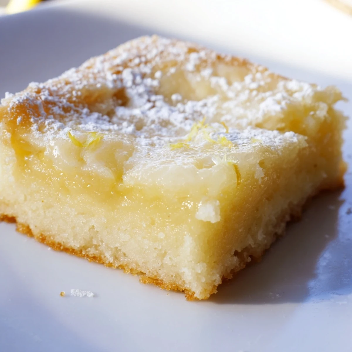 Golden Lemon Gooey Butter Cake squares dusted with powdered sugar on a rustic serving plate