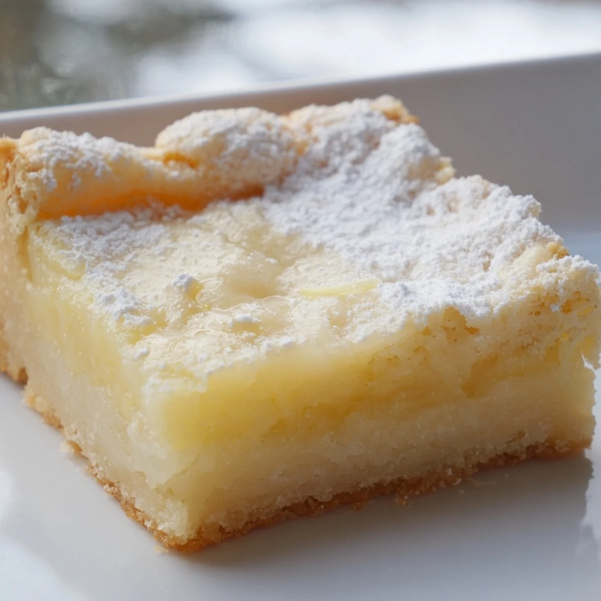 Creamy Lemon Gooey Butter Cake with tangy filling and buttery golden crust cut into bars