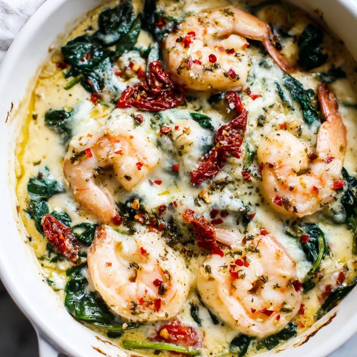 Creamy Low Carb Shrimp Tuscan Bake in a bubbling cheesy white sauce with wilted spinach