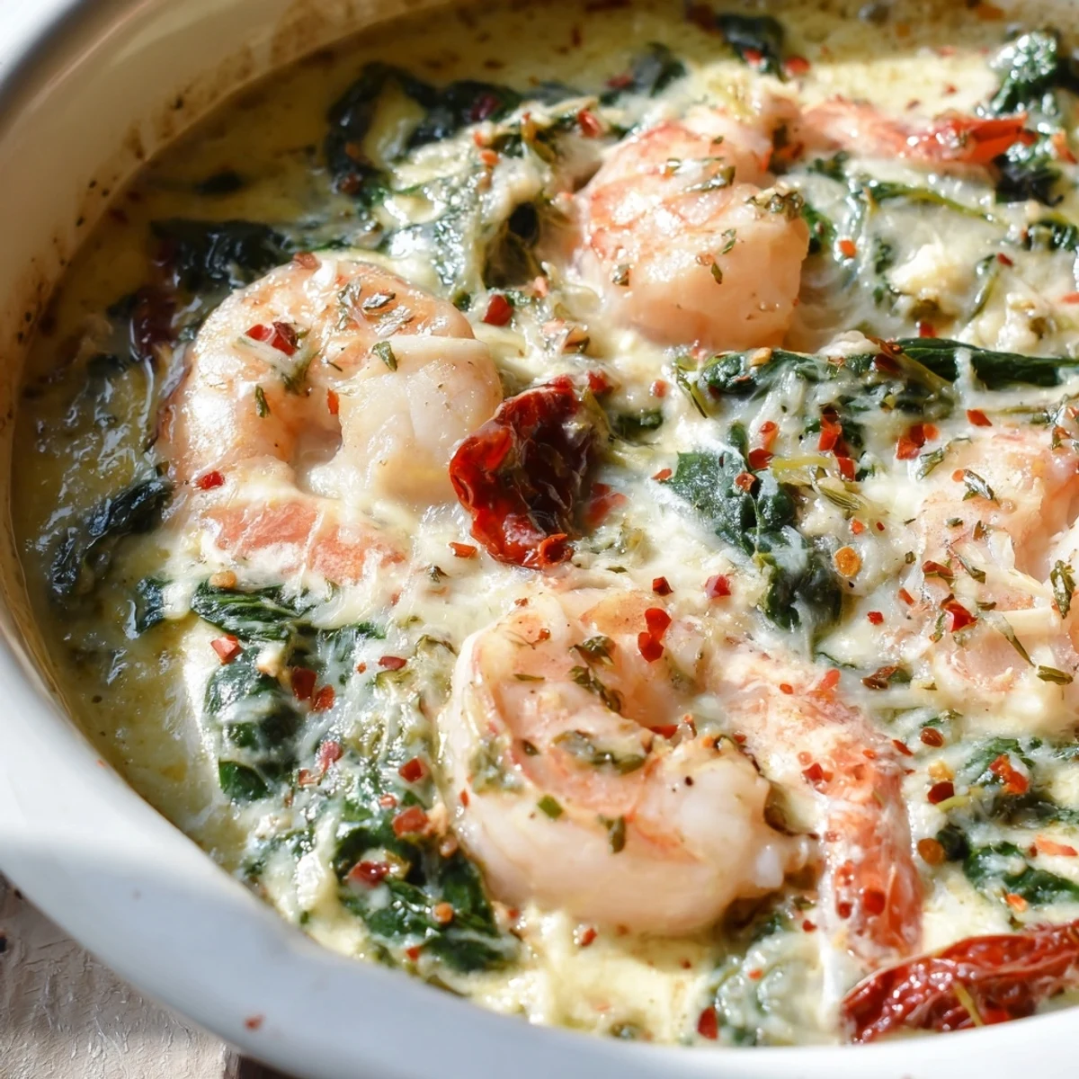 Golden melted mozzarella tops this Low Carb Shrimp Tuscan Bake with sun-dried tomatoes and spinach