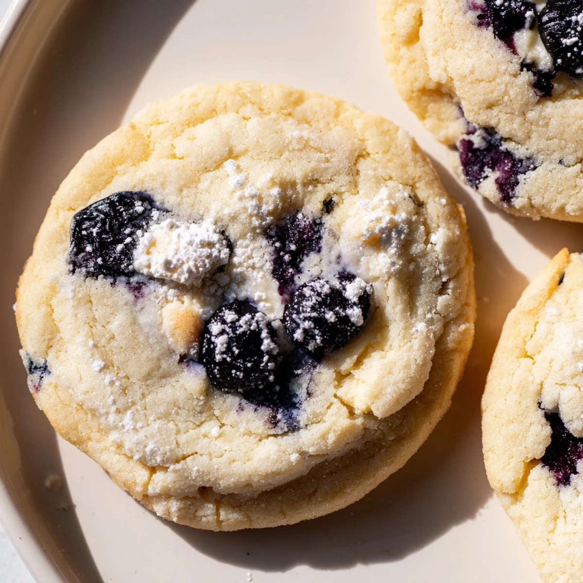 Soft-baked Lemon Blueberry Cheesecake Cookies with golden edges on a rustic white plate