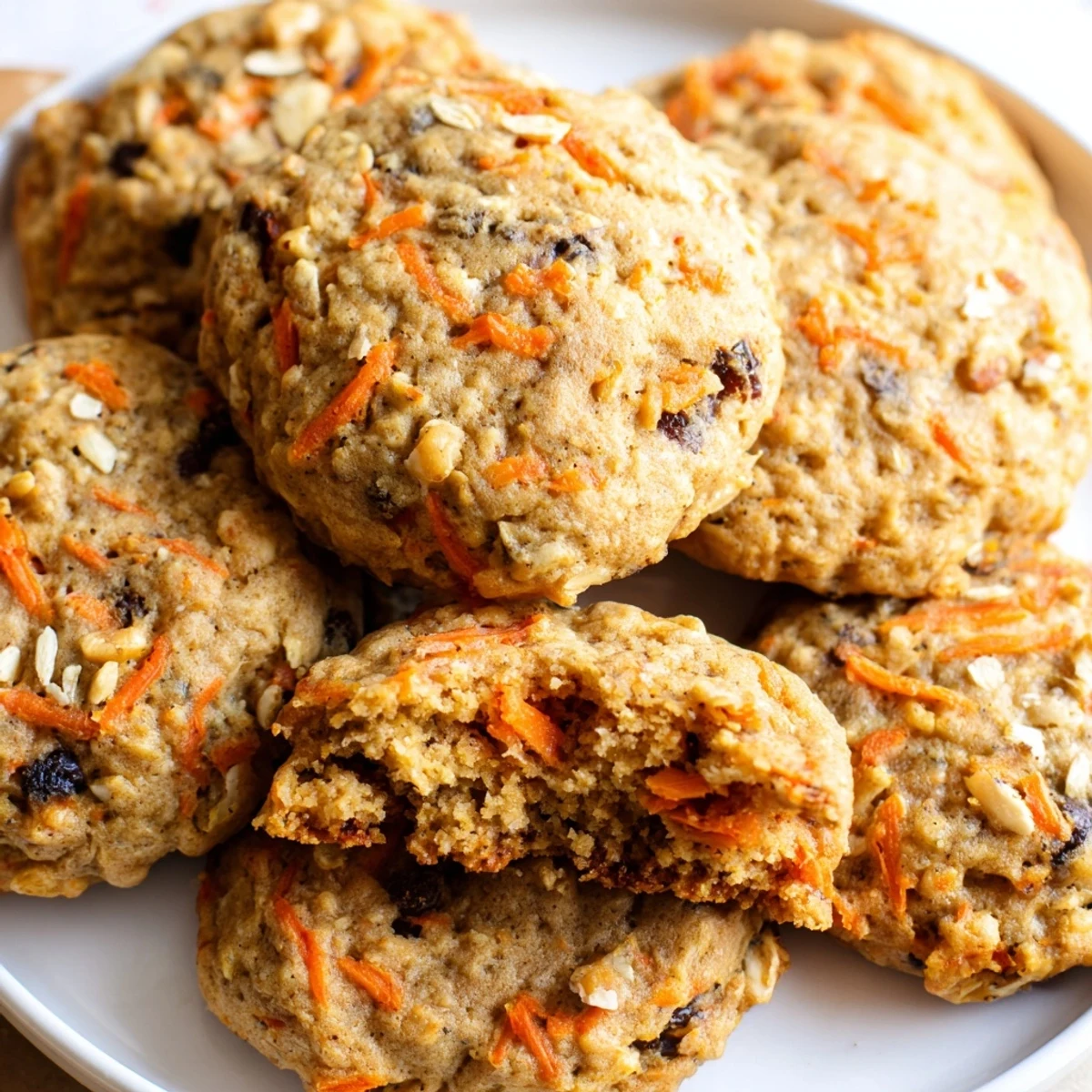 Chewy carrot cake cookies with golden edges, loaded with shredded carrots and oats on rustic parchment