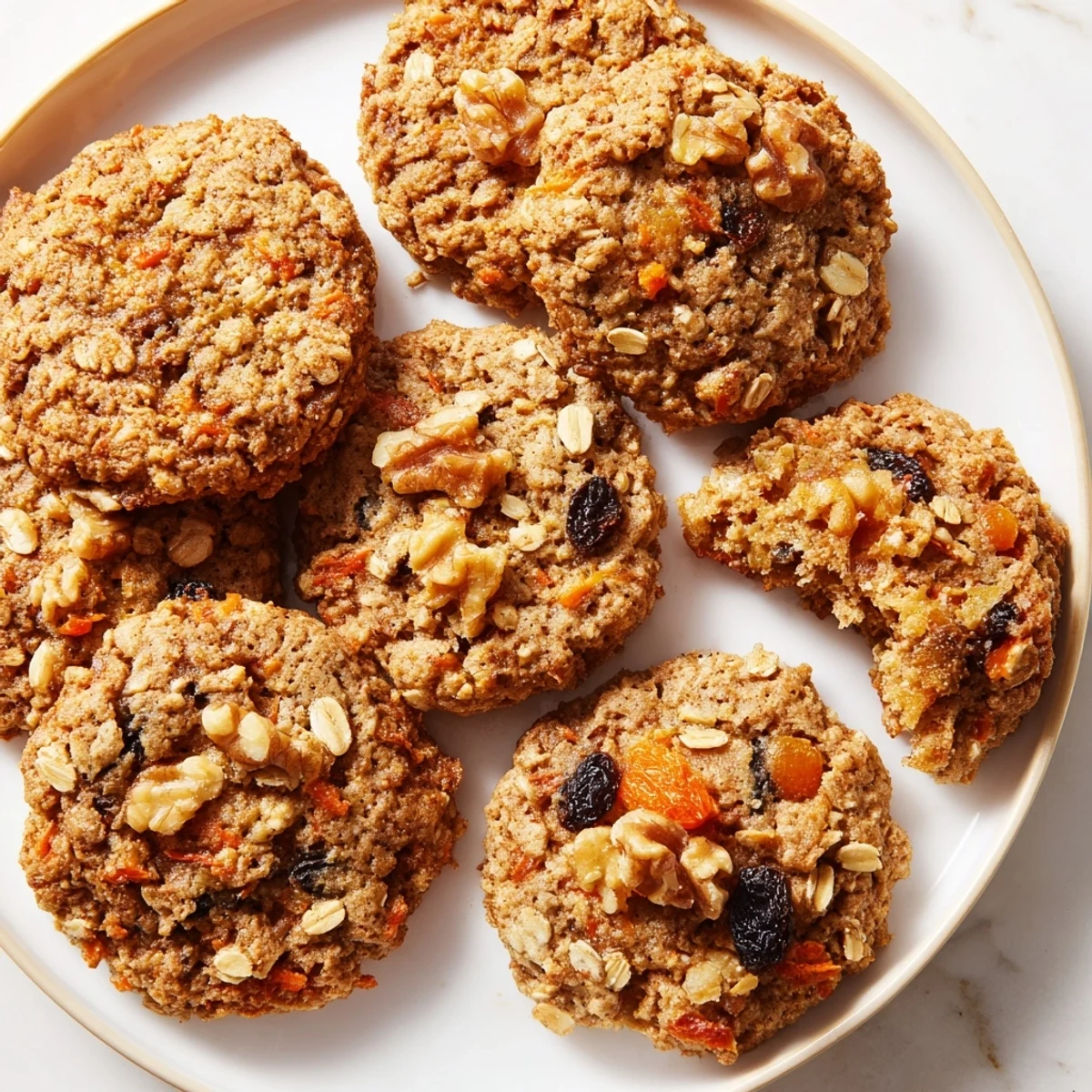 Soft chewy carrot cake cookies studded with raisins and walnuts, fresh from the oven