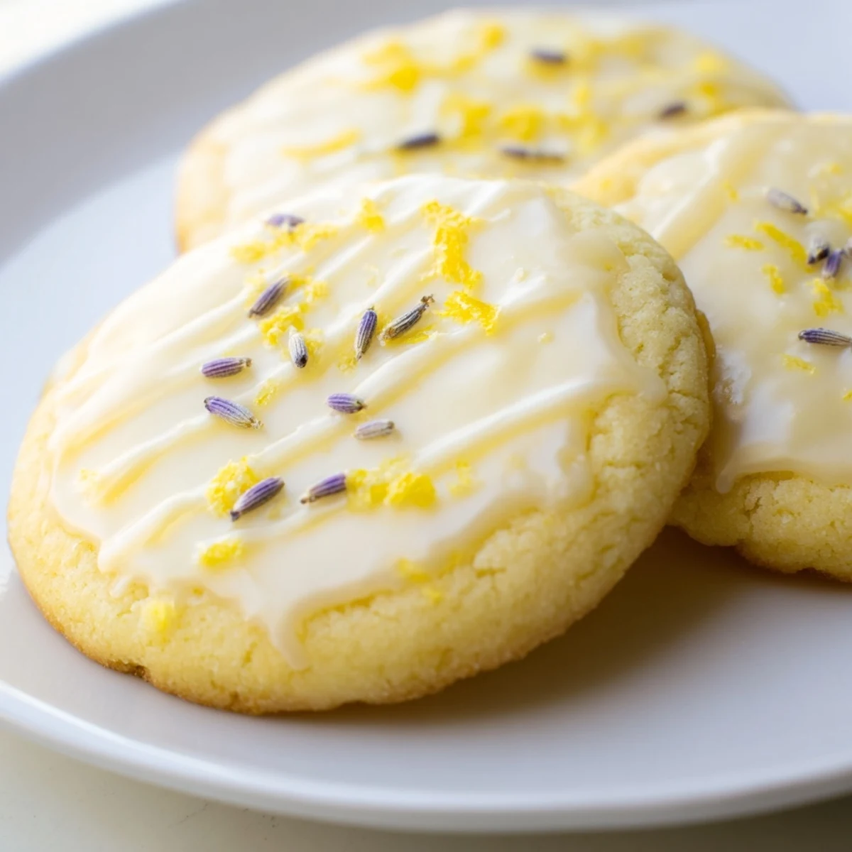 Iced lemon lavender shortbread cookies drizzled with glossy sweet icing on a rustic ceramic plate