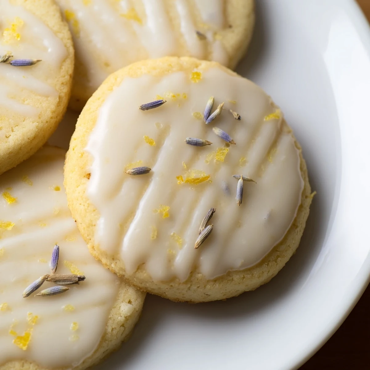 Buttery iced lemon lavender shortbread cookies arranged on parchment with delicate lavender bud garnish