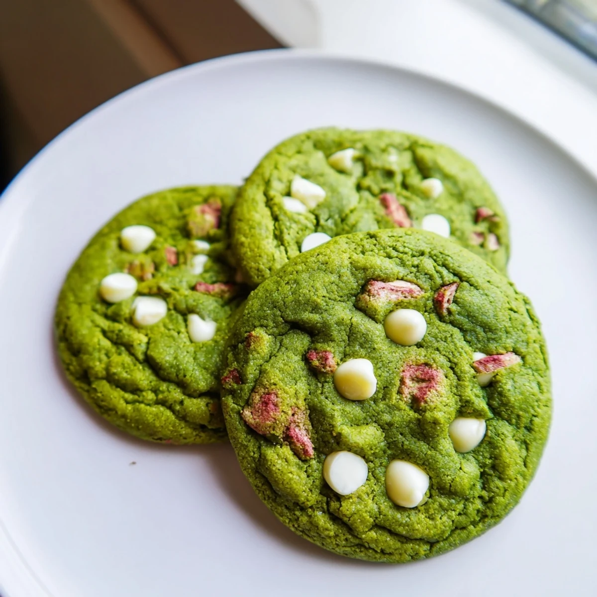 Soft strawberry matcha cookies with bright green dough and flecks of red fruit