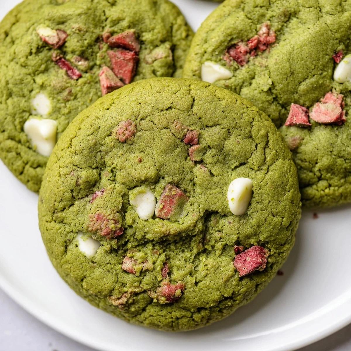 Vibrant green strawberry matcha cookies dotted with ruby-red berries and white chocolate chips