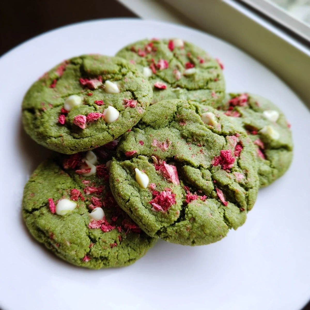 Chewy strawberry matcha cookies fresh from the oven on a wire cooling rack