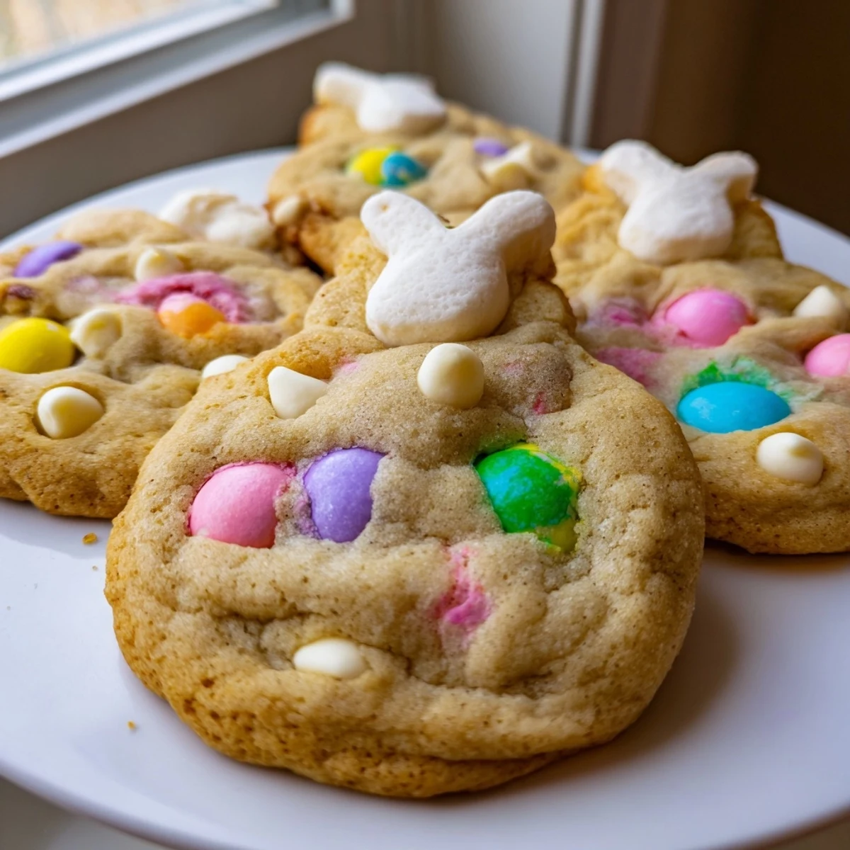 Soft chewy M&M bunny cookies speckled with colorful Easter candies on rustic white bakeware