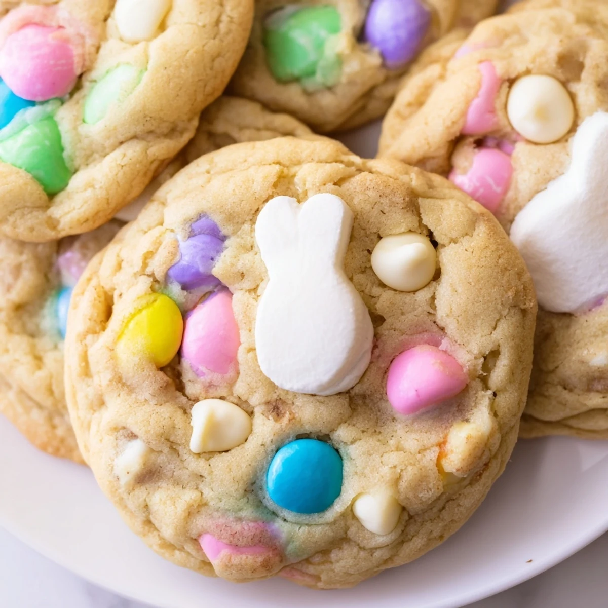 Golden brown Easter bunny cookies studded with pastel chocolate candies fresh from oven