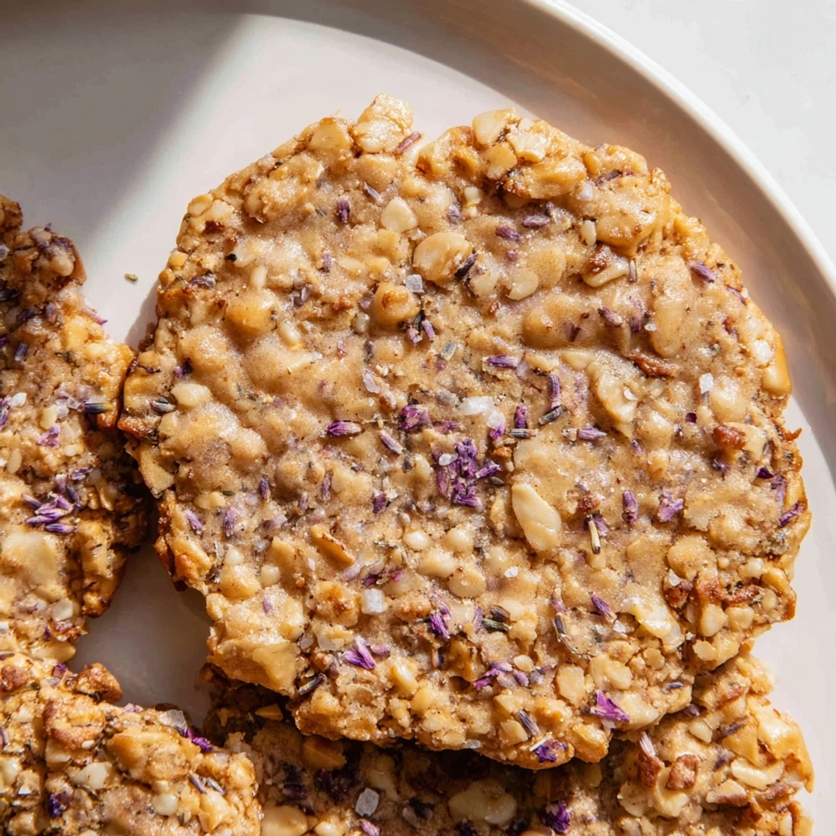 Crispy Lavender Honey Crunch Cookies arranged on parchment beside a cup of tea
