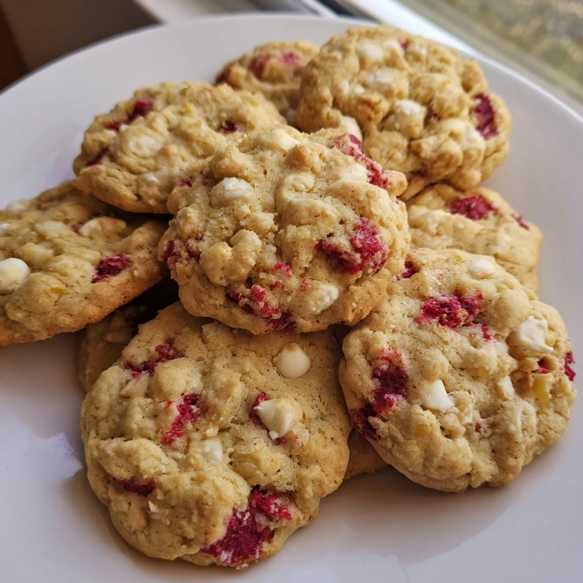 Chewy lemon raspberry cookies with golden edges and bursts of pink fruit on a rustic baking sheet