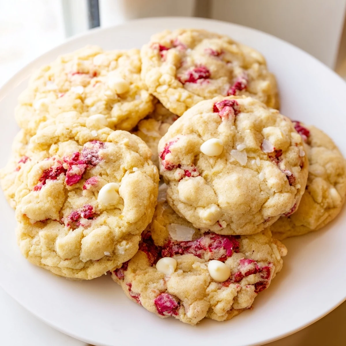 Warm lemon raspberry cookies fresh from the oven, perfectly soft centers with lightly crisped edges