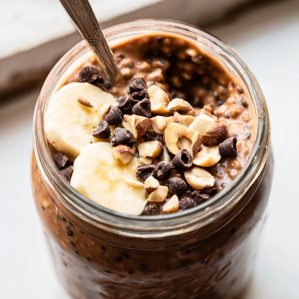 Creamy chocolate peanut butter overnight oats topped with chocolate chips in a mason jar