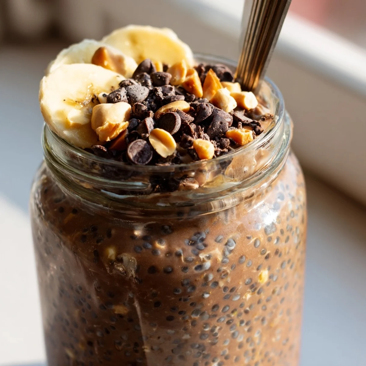 Thick chocolate peanut butter overnight oats swirled with chopped peanuts and fresh banana slices