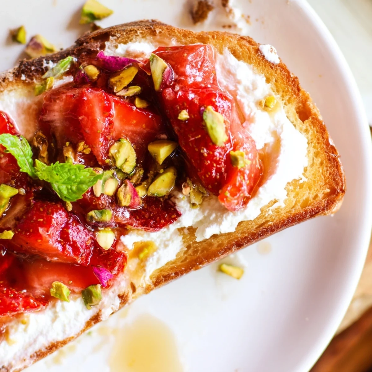 Crispy toast topped with fluffy whipped ricotta and juicy roasted strawberry whips for a sweet brunch