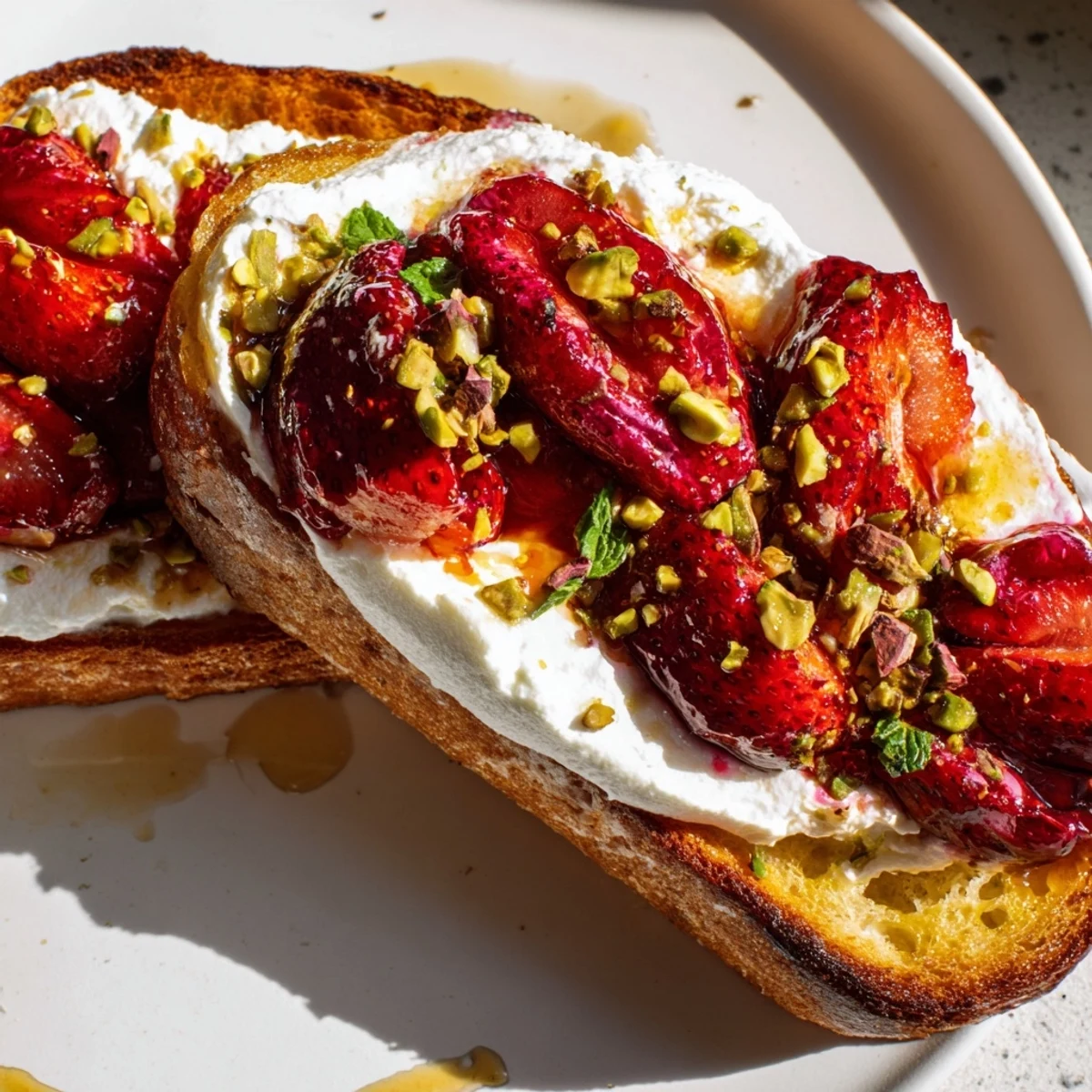 Golden brown sliced bread layered with creamy lemon ricotta and caramelized roasted strawberry whips topping