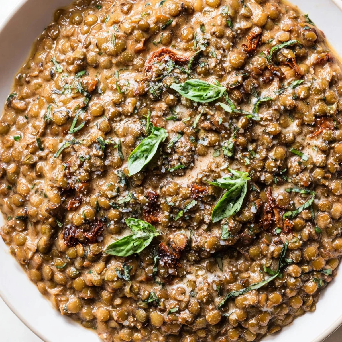 Creamy Marry Me Lentils in rich sun-dried tomato sauce garnished with fresh basil leaves
