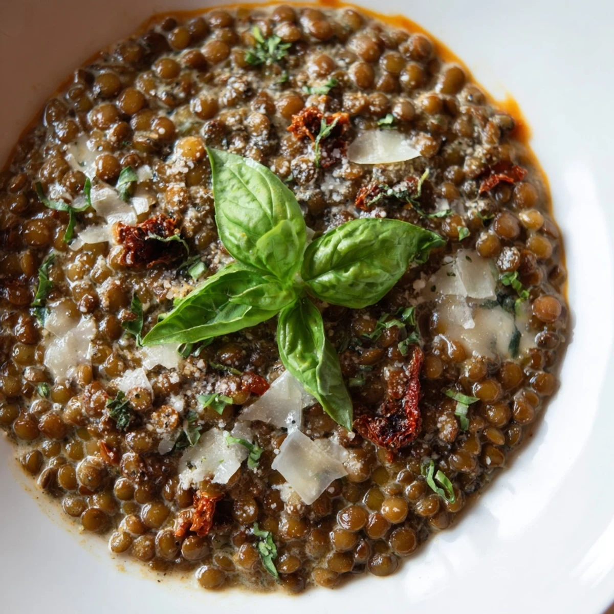 Tender green lentils swimming in velvety Parmesan cream sauce with aromatic Mediterranean herbs