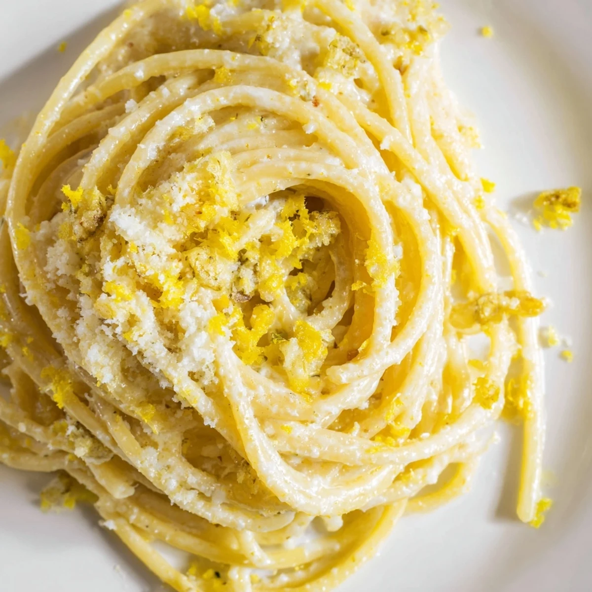 Creamy Parmesan lemon pasta twirled on a fork with fresh herb garnish and cracked black pepper