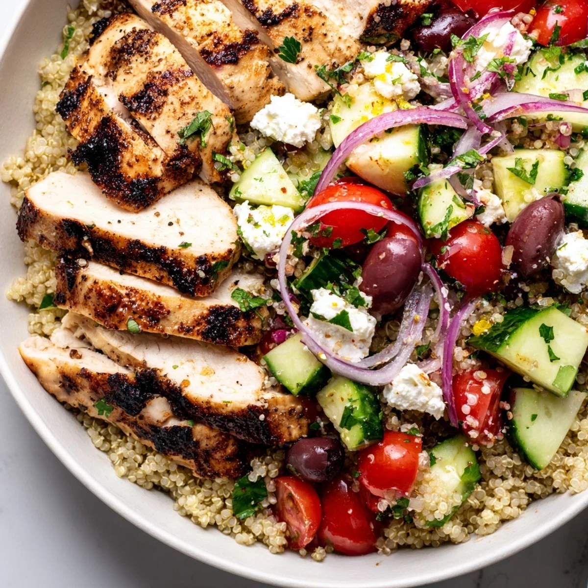 Grilled sliced chicken resting atop fluffy quinoa with fresh cucumber tomatoes and olives