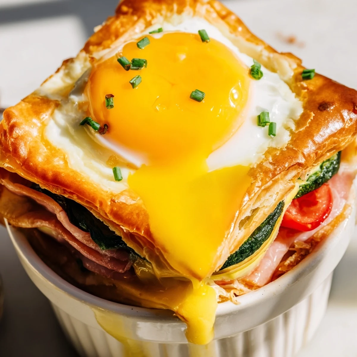 Baked Eggs Napoleon with runny yolks nestled in creamy cheese sauce and layered vegetables