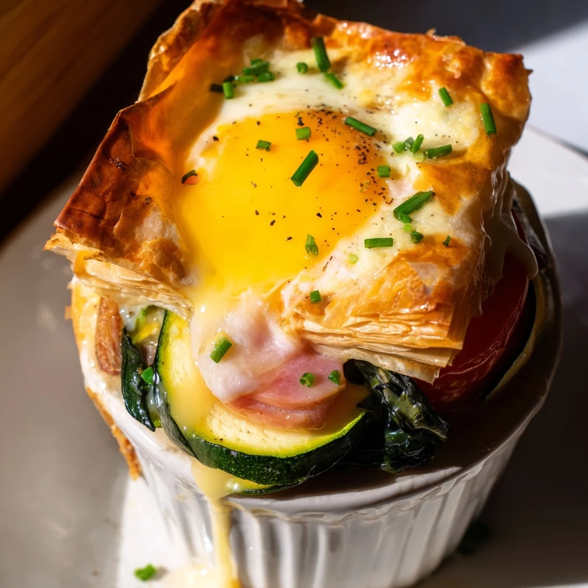 Golden puff pastry layers topped with ham, spinach, and Baked Eggs Napoleon with Gruyère