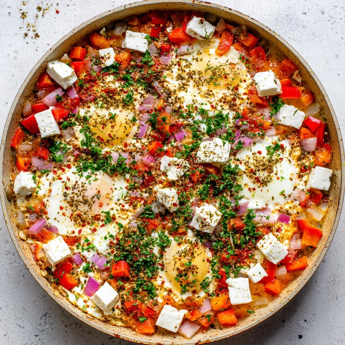Creamy baked feta eggs with roasted tomatoes and herbs in a cast iron skillet