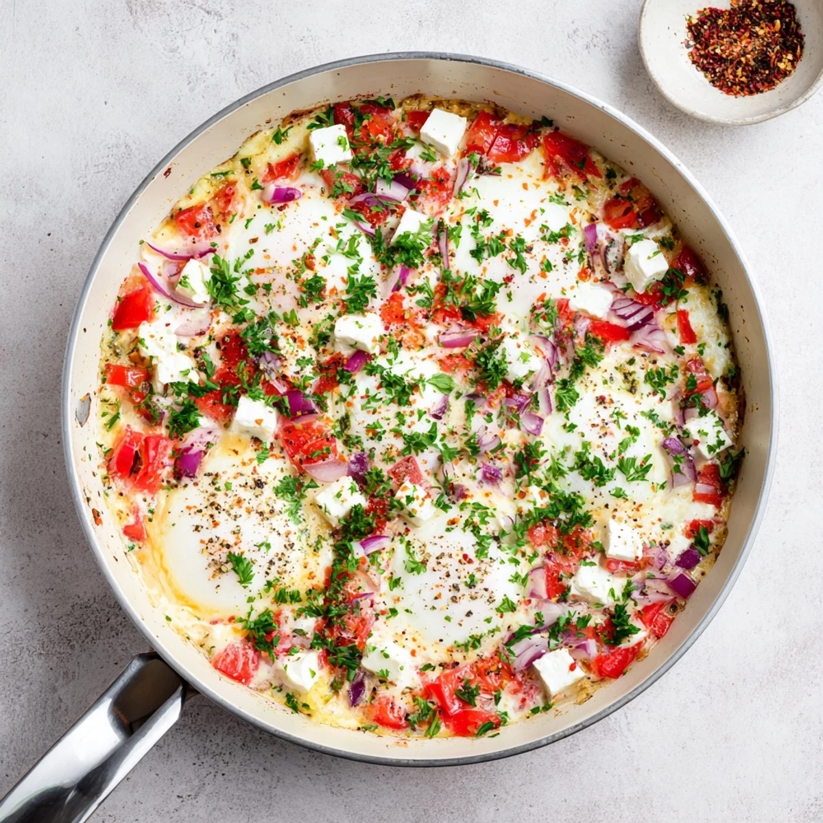 Golden egg yolks nestled in baked feta eggs with sautéed peppers and onions