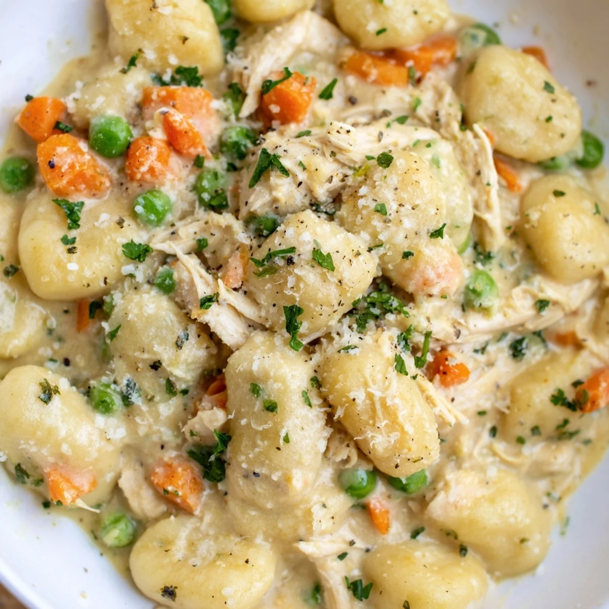Creamy one pot gnocchi chicken pot pie in a rustic skillet with tender vegetables
