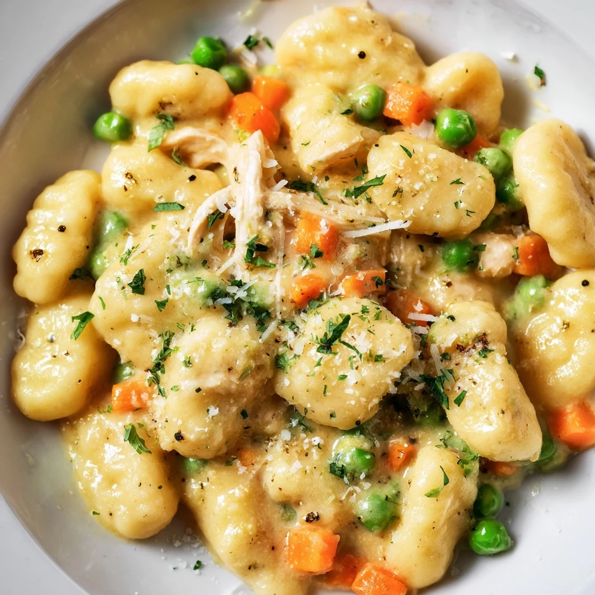 Golden one pot gnocchi chicken pot pie topped with fresh parsley garnish