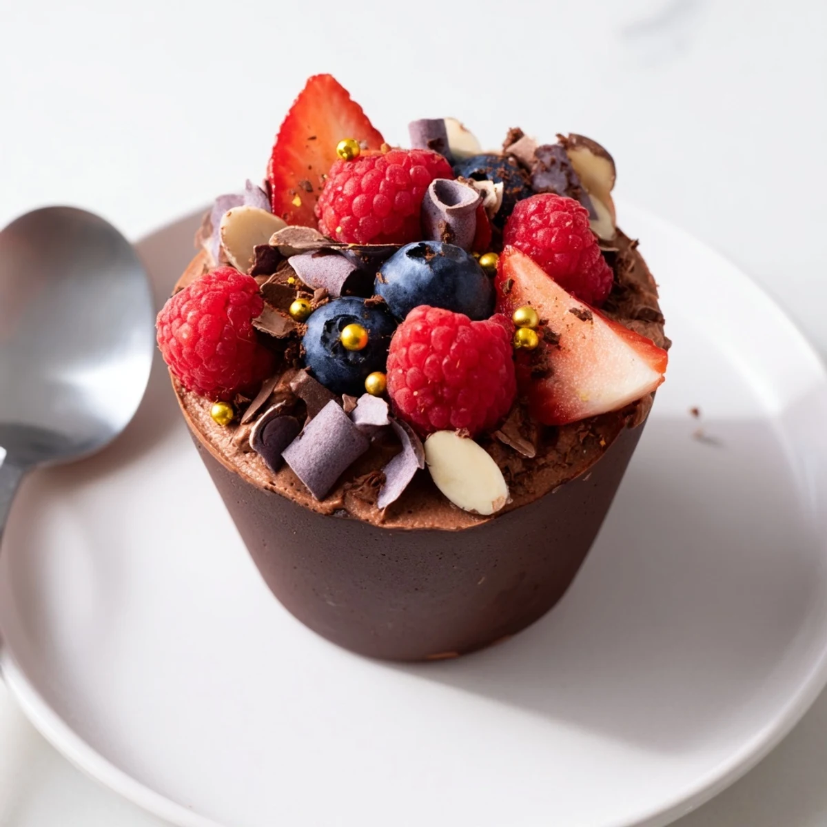 Elegant chocolate grazing cups with fluffy mousse, ripe berries, and crunchy nuts for a luxurious dessert.