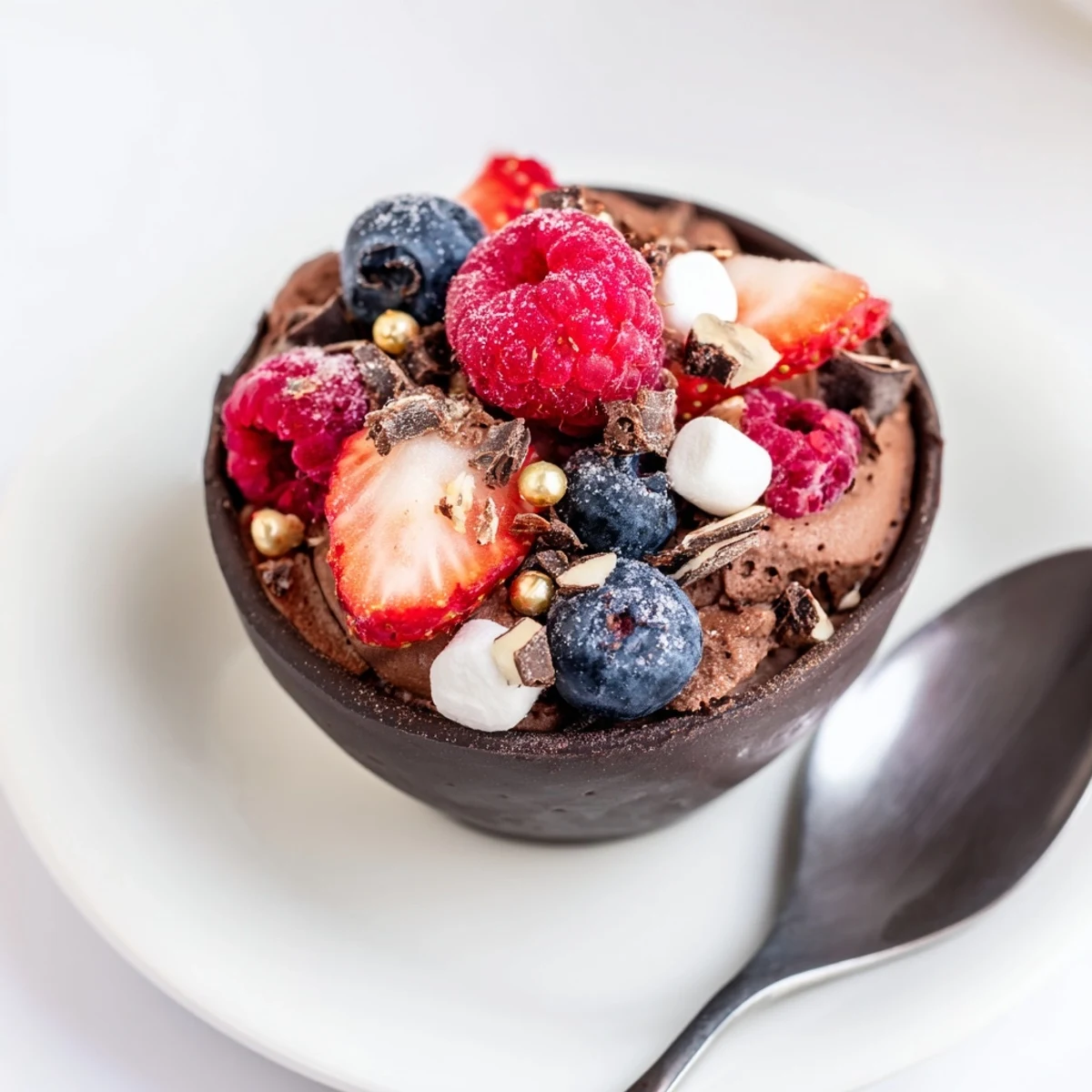 Decadent chocolate cups filled with silky mousse and topped with fresh berries and gold leaf garnish.